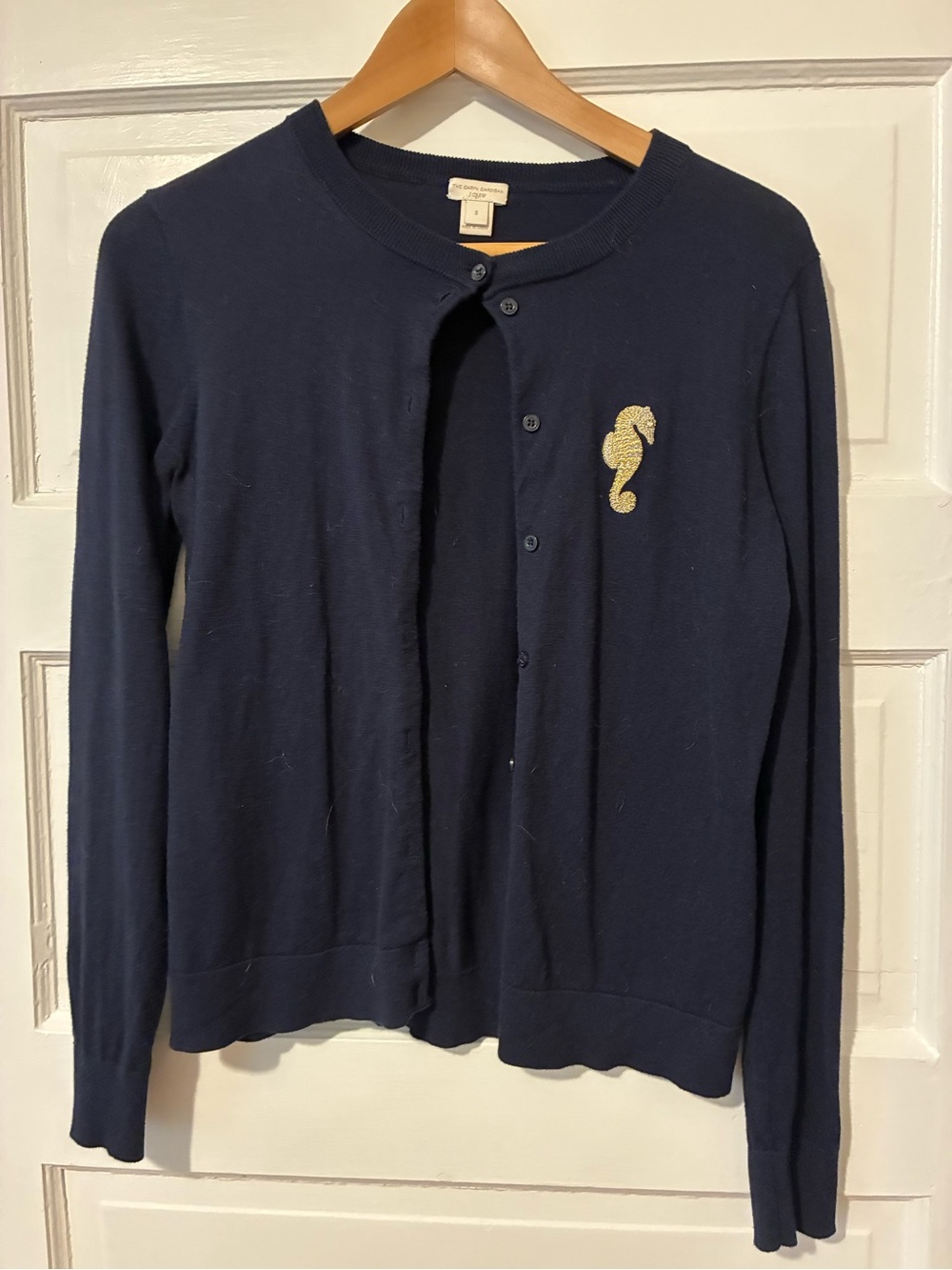 J. Crew Navy Cardigan with Gold Seahorse Emblem